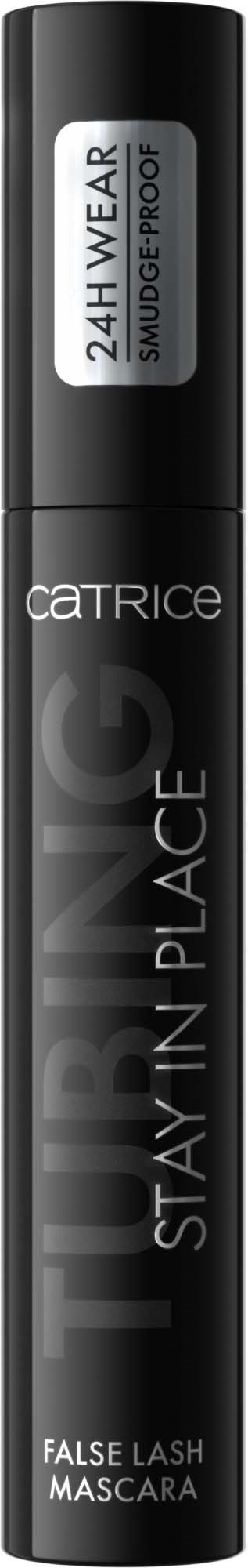 Schwarzer Behälter mit Catrice False Lash Mascara mit 24H Wear Label und fettem weißen und grauen Text.