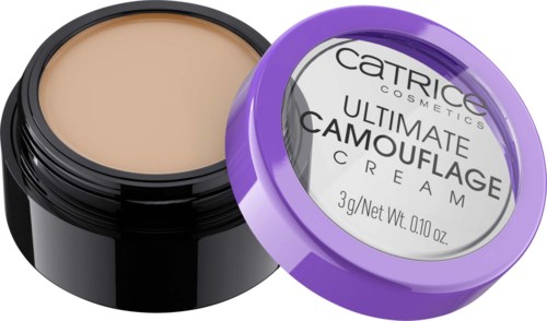 Een kleine zwarte en paarse container met concealer en de merknaam Catrice op de deksel.