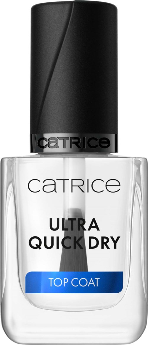 Przezroczysta butelka lakieru do paznokci z czarnym wieczkiem, oznaczona "Ultra Quick Dry Top Coat" od Catrice.