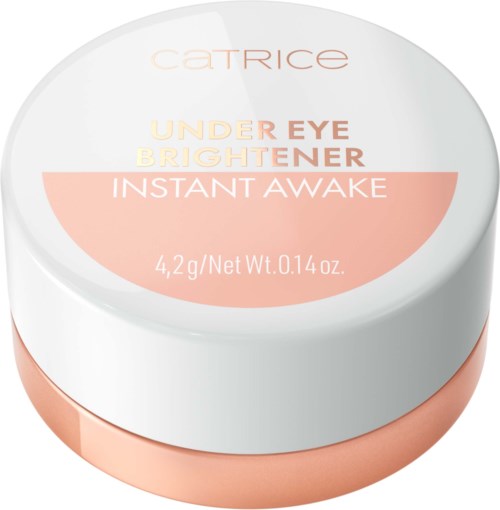 Een ronde container van Catrice Under Eye Brightener Instant Awake oogverzorging met witte deksel en roze onderkant.