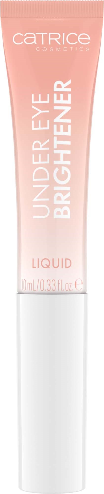 En tube med Catrice Under Eye Brightener, rosa og hvit, med tekst om formålet og merkevaren.