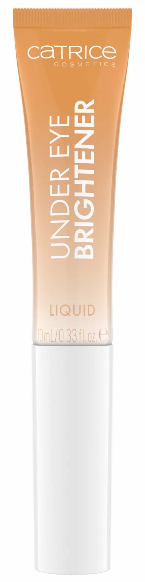 En tube av Catrice Under Eye Brightener Liquid i ferskenfarge med hvit lokk.