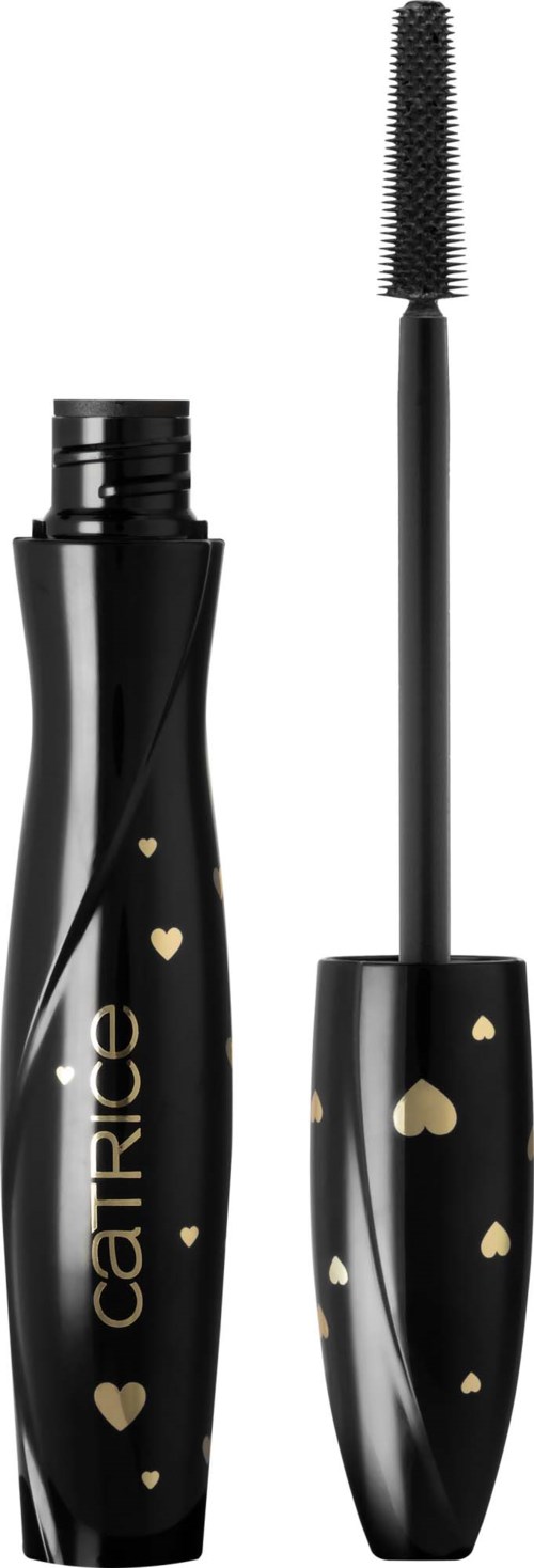 Een zwarte mascara-flacon met kleine gouden hartjes, opendeksel, kwast met mascara. Merknaam staat op de fles.