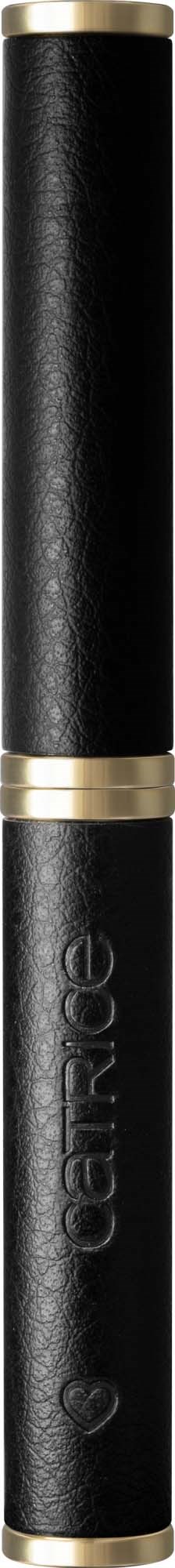Ein schwarzer Lippenstift mit Goldakzenten, aufrecht und in der Mitte vor schwarzem Hintergrund.