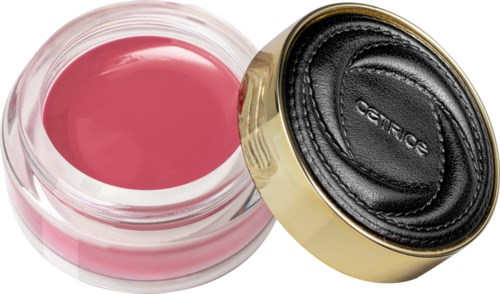 Een roze gel in een doorzichtige container, naast een zwart-goud compactdoos.