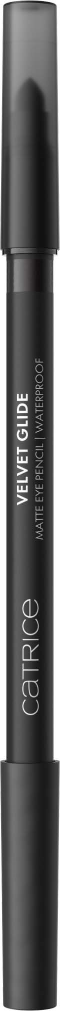 Einen schwarzen flüssigen Eyeliner mit Pinselspitze, gekennzeichnet Catrice Velvet Guide für Augenmake-up.