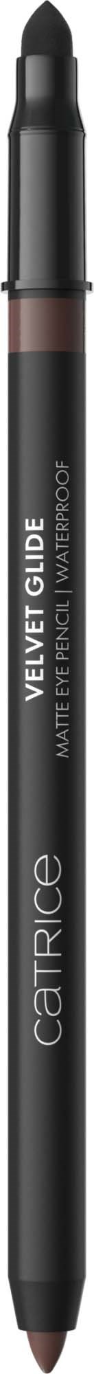 Catrice Velvet Glide matte Augenstift in schwarzem Gehäuse zeigt Produktname und Marke auf der Verpackung.