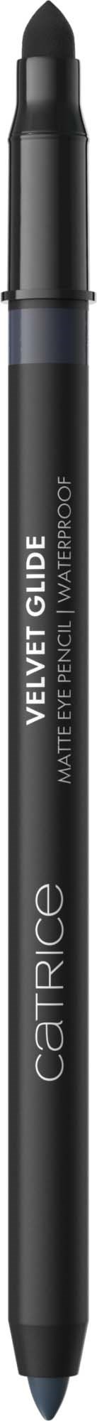 Ein schwarzer Velvet-Matt-Augenstift mit lila und schwarzem Deckel, gekennzeichnet Catrice Velvet Glide.
