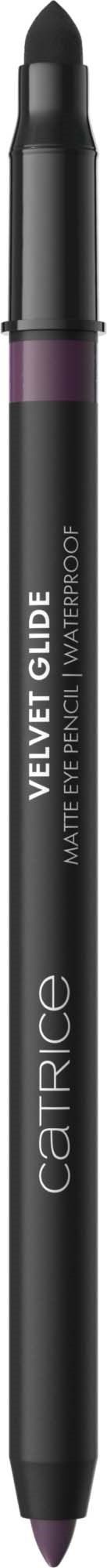 Ein schwarzer Make-up-Bleistift mit lila Spitze und weißen Text, beschriftet Velvet Glide, Matte Eye Pencil, wasserfest.