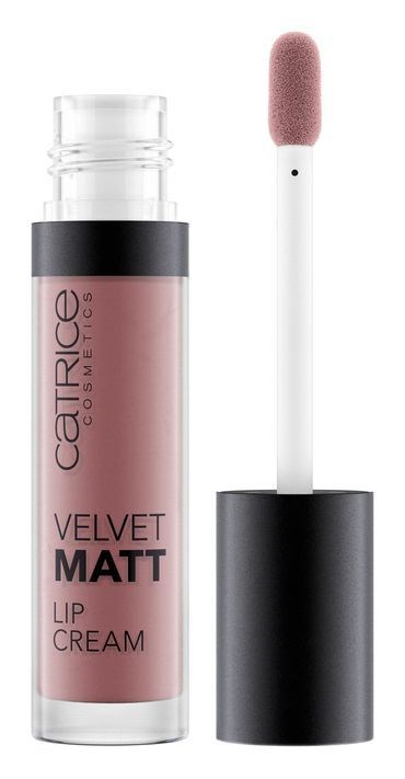 Lippencreme mit rosa Samtettmatt-Finish in klar Tube, schwarzer Deckel und Applikatorschwamm.