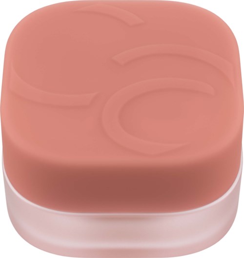En fyrkantig rougekompakt i peachy-pink färg med embossed logga på locket.