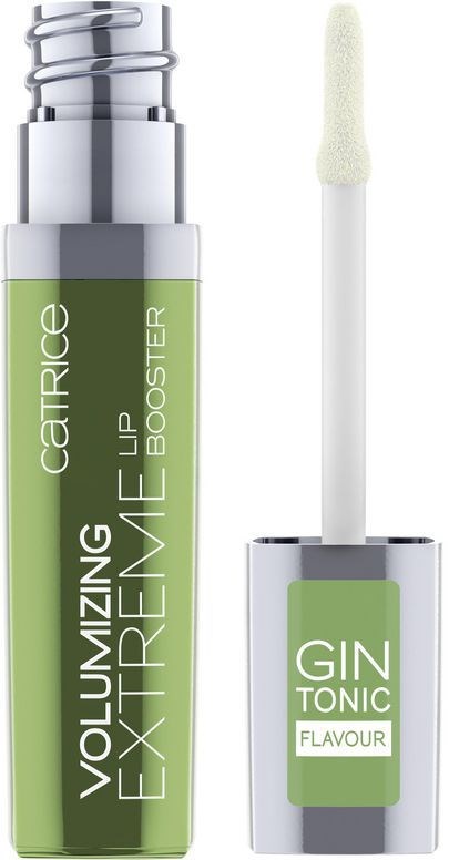 Ett läppglansrör med applicator, märkt 'Volumizing Extreme Lip Booster' och en liten flaska märkt 'Gin Tonic Flavor'.