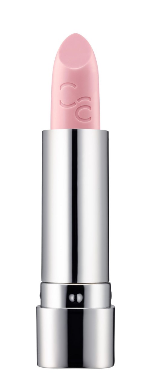 Ein rosa Lippenstift in einem silbernen Behälter, steht aufrecht vor weißem Hintergrund.