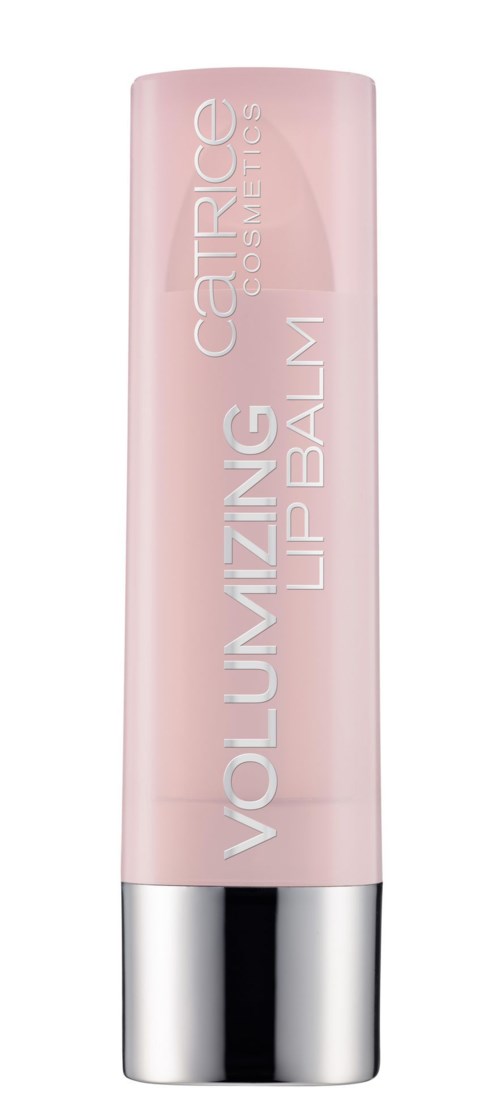 Rosa Tube mit der Aufschrift 'VOLUMIZING LIP BALM' und Marke 'Catrice', mit silberner Kappe.