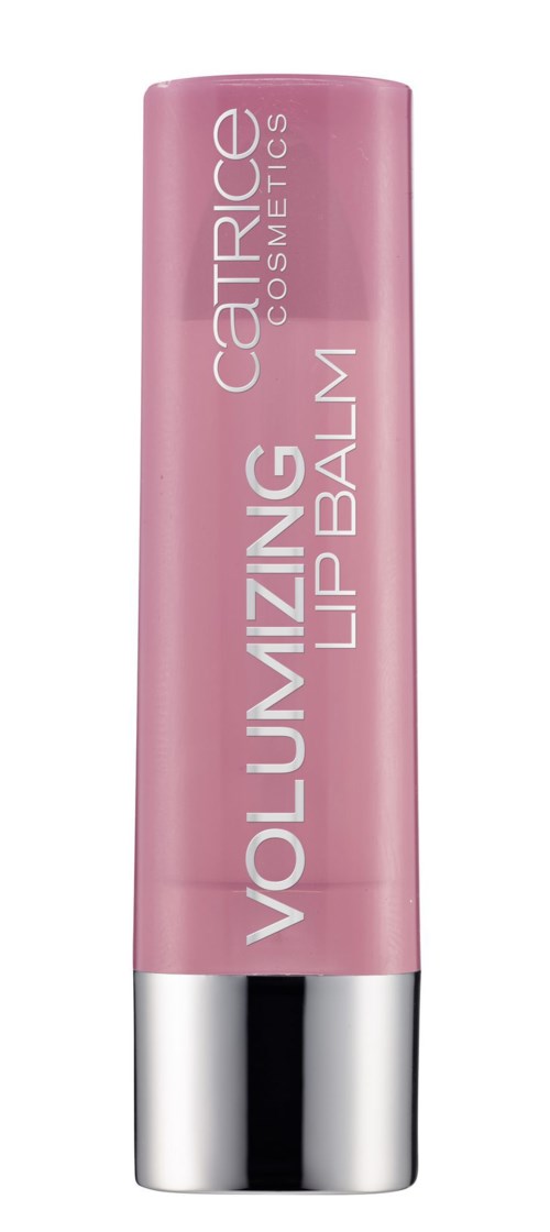 Rosa Tube mit Catrice volumisierendem Lippenbalsam und silberner Kappe. Text auf Tube: 'Volumizing Lip Balm'.