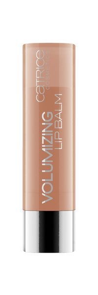 Beige Lippenbalsamtube mit silberner Unterseite, beschriftet "Volumizing Lip Balm" von Catrice.