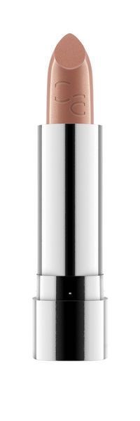 Ein beiges Lipstick in einer silbernen Hülse. Der Lippenstift ist leicht hochgedreht, bereit zur Anwendung.