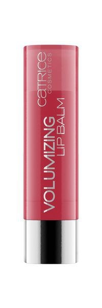Pink lip balm tube with white and silver text, labeled 'VOLUMIZING LIP BALM' by Catrice.