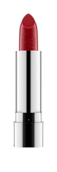 A red lipstick with a shiny silver tube and a rounded cap.