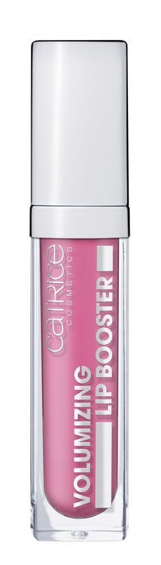 Ein Lipgloss-Röhrchen mit der Aufschrift 'Volumizing Lip Booster' in Pink mit silberner Kappe.