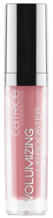 Ein Lipglossflasche mit silberner Kappe, rosa Flüssigkeit im Inneren und Text über Volumenverstärkung auf dem Etikett.