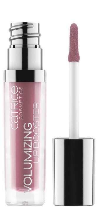 Lippenbalsam in transparenter Flasche mit rosa Farbe, Aufschrift "Volumizing Lip Booster" und Pinsel mit weißer und schwarzer Farbe.