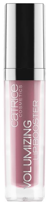 Lippenstift mit pinker Farbe in einer transparenten Tube mit silberner Kappe, beschriftet "Voluming Lip Booster" und "Catrice Cosmetics."