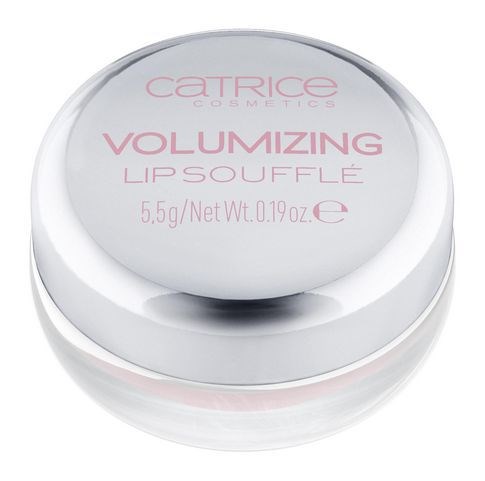 En rund burk från Catrice Cosmetics Lip Souffle med rosa- och vitt förpackning, märkt som volymökande läppprodukt.
