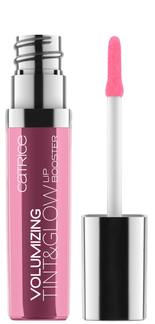 Ein pinkes Lippen-Gloss-Fläschchen mit Applikator neben, beschriftet 'Volume Smash Lip Booster'.