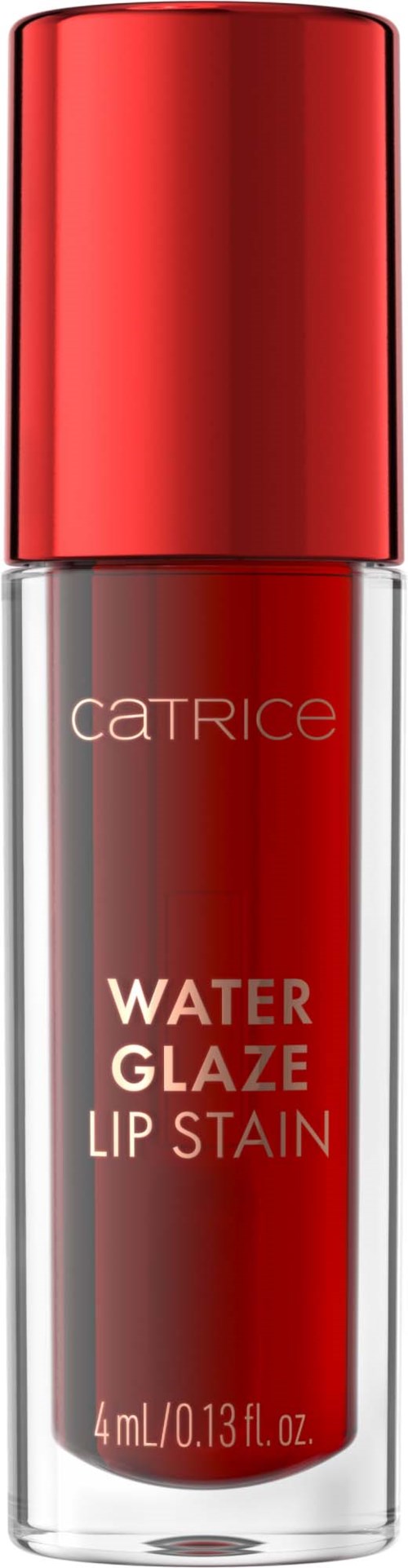 Szminka do ust w przezroczystej butelce z czerwoną cieczą i czerwonym zakrętką, oznaczona Water Glaze Lip Stain przez Catrice.