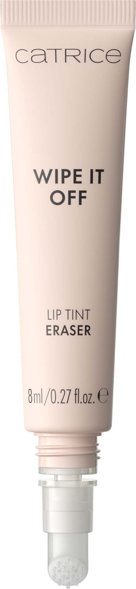 A white tube of Catrice Wipe It Off lip tint eraser with a white applicator tip and product information on the front.