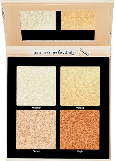 Ein Make-up-Palette mit vier Farbtönen namens Whistler, Victoria, Sunny und Maple. Die Palette hat einen Spiegel und eine Nachricht.