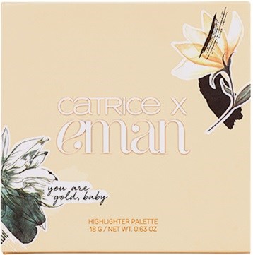 Eine Lidschattenpalette mit 'Catrice x e.mann' und einer Botschaft 'you are gold, baby' mit Blumen und Schmetterling.