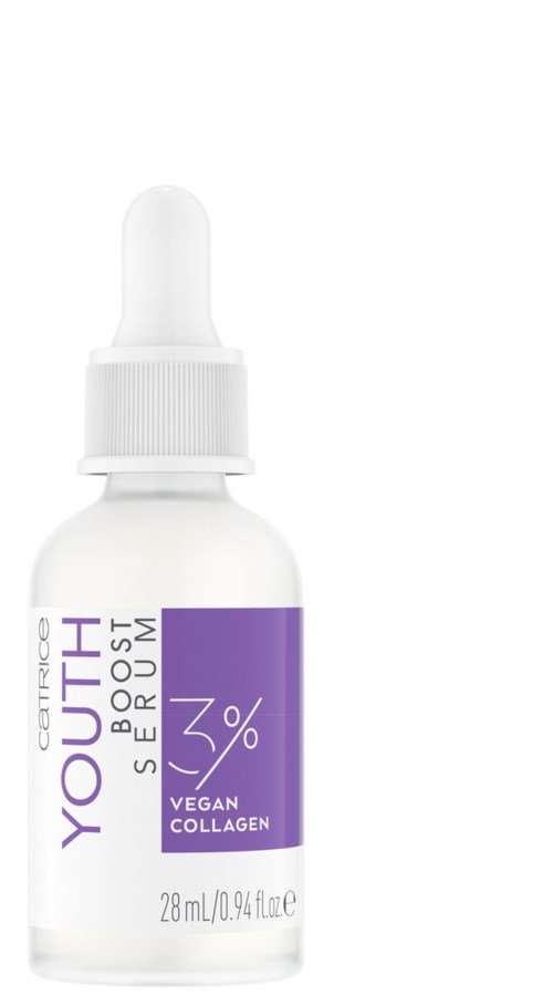 En liten vit flaska med tappingslock, märkt 'YOUTH Serum 3% Vegan Collagen'.