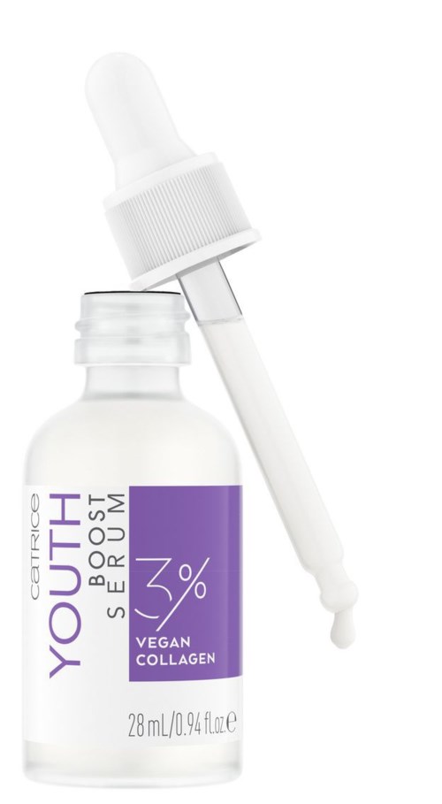 En vit flaska med vegansk kollagenserum med pipett. Etiketten säger "YOUTH" och "3%" kollagen.