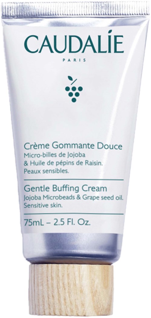 En tub med Caudalie Gentle Buffing Cream för känslig hud, med jojabobollar och druvkärnolja, 75 ml.
