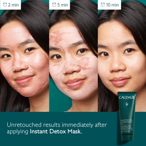 Tre bilder visar hudrensning: applicering av detoxmask, avlägsnande, och ren hud. Texten marknadsför produkten.