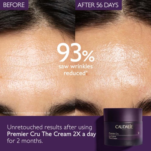 A before and after comparison shows fewer wrinkles on a woman's forehead after using a cream for two months.