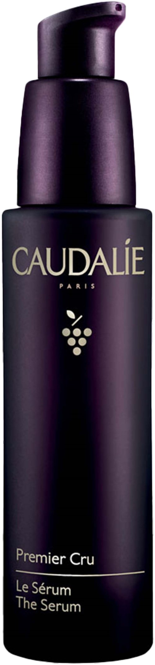 Tummansininen pullo Caudalie Premier Cru -seerumille pumppauksella.