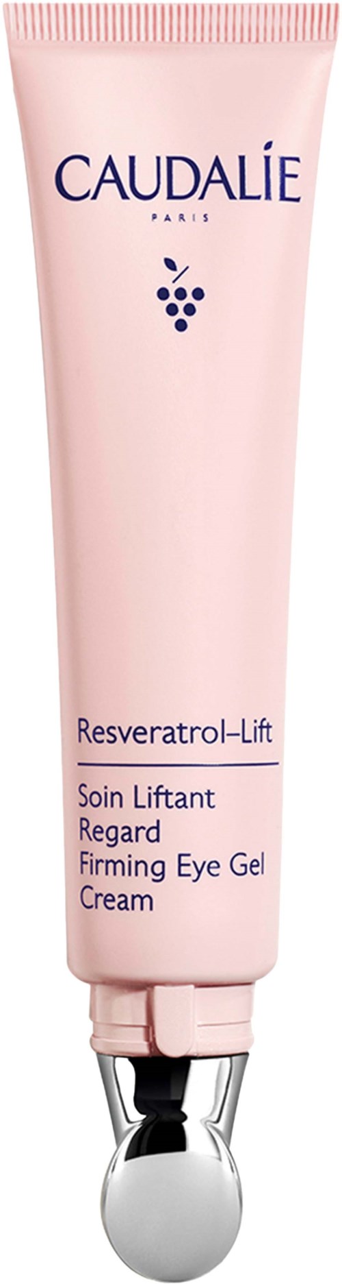 Rosa tub med en silverboll längst ner, märkt Caudalie Resveratrol-Lift för att lyfta och strama huden runt ögonen. Det är en hudvårdsprodukt.