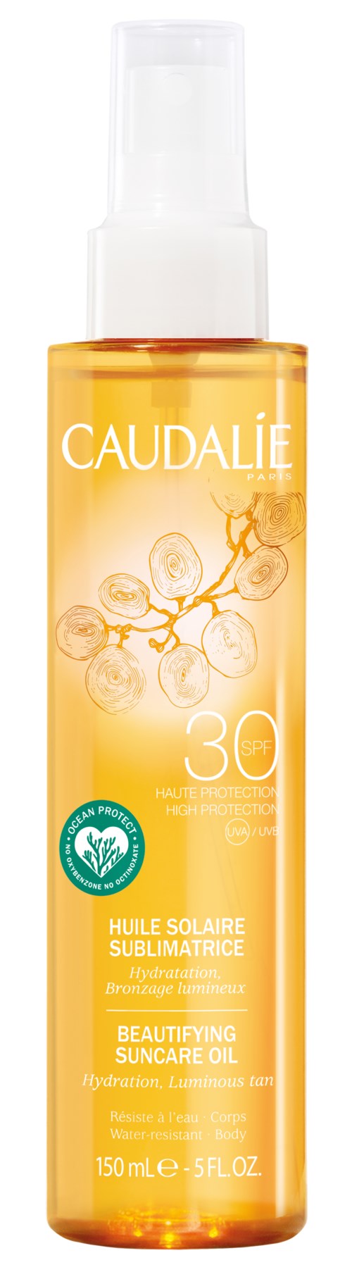 En flaska solskyddsolja med växtbaserade ingredienser, SPF 30 och ljusreflekterande effekter.