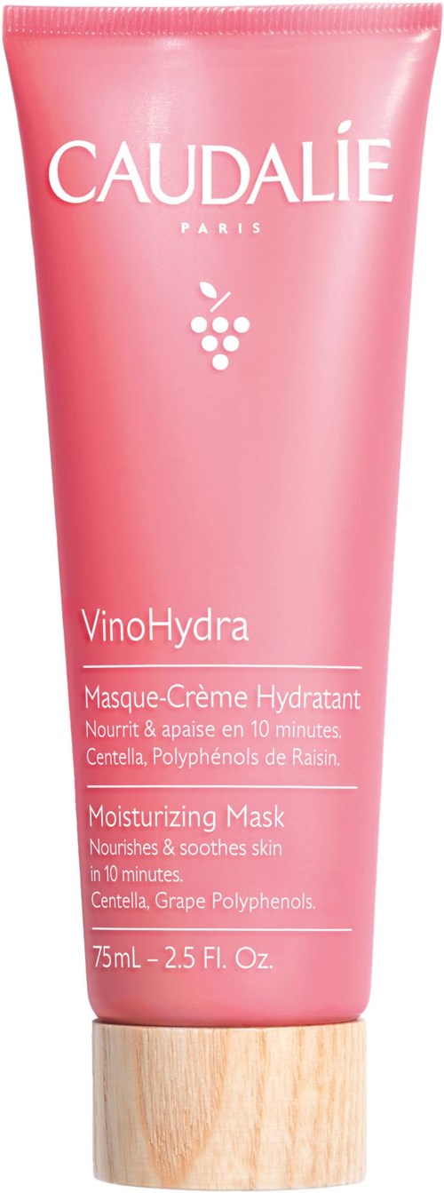 En rosa tub med en trälock, märkt 'Caudalie VinoHydra', som nämner en fuktgivande och lugnande mask för huden.