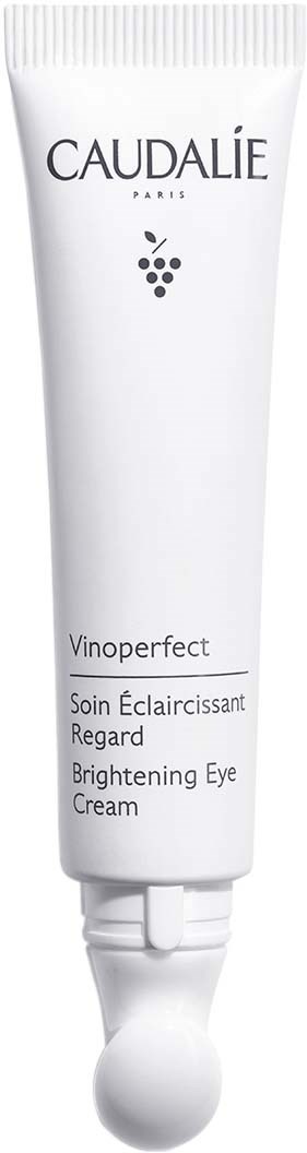 En hvid tube med Caudalé Vinoperfect Brightening Eye Cream med sort tekst og et lille drueikon.