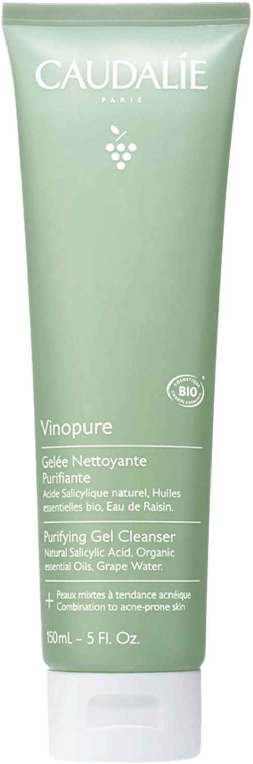 En grön tub märkt 'Caudalie Vinopure Rengöringsgel' med naturliga ingredienser och 50 ml volym.