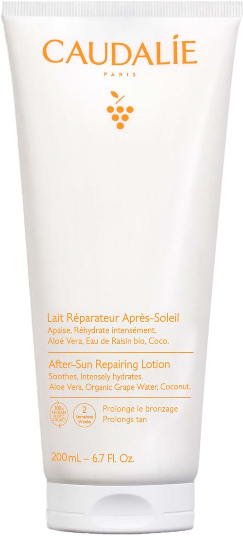 Hvit tube med oransje tekst, designet for etter-sol hudpleie med aloe Vera og kokos.