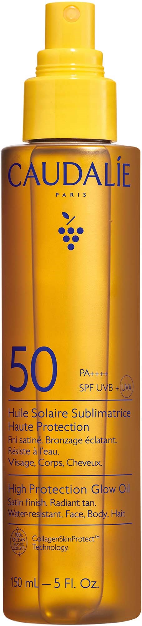 En gul sprayflaske med Caudalie solkrem med SPF 50 og høyt beskyttende glødel Fortress-olje for ansiktet og kroppen.