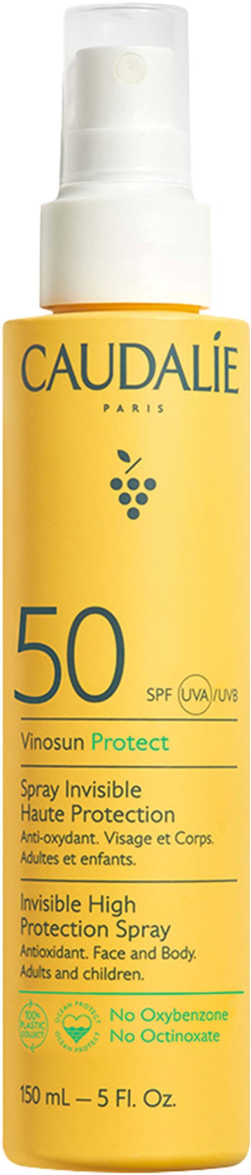 Gul flaska med Caudalie Vinosun Protect osynlig högeffektsspray med SPF 50, för ansikte och kropp, för vuxna och barn.