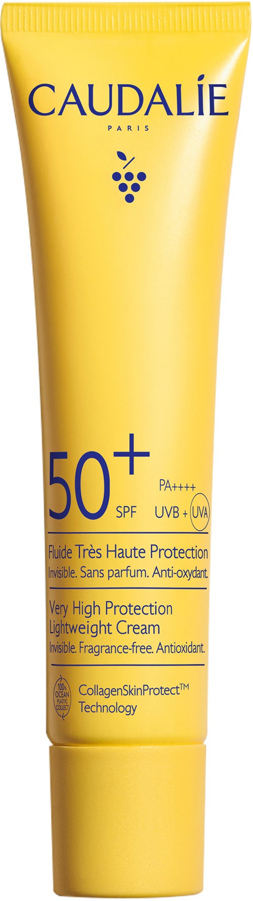 Keltainen puteli korkeasuojakertoimella SPF 50+ Caudalielta. Tarjoaa erittäin korkean suojan, kevyt ja hajusteeton.