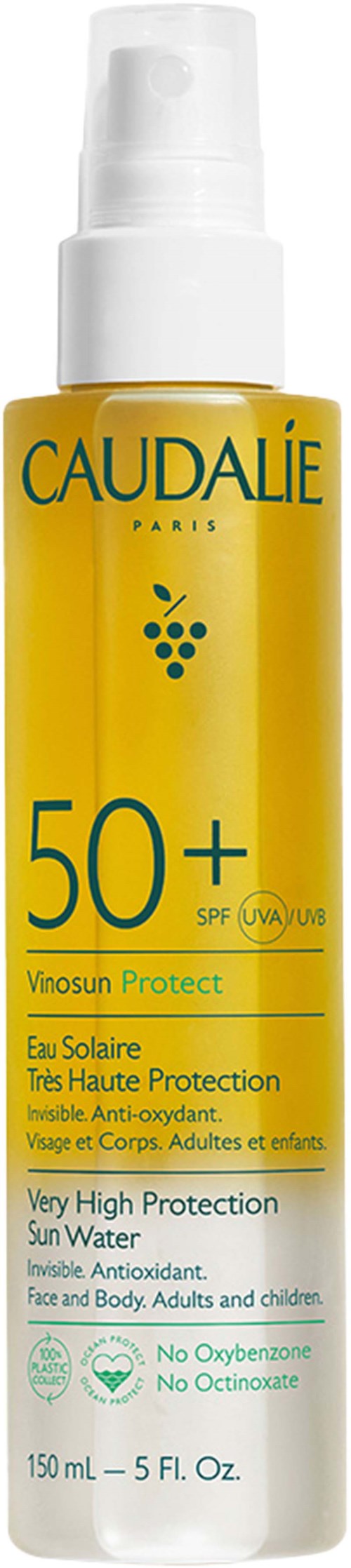 Gul solkrämssprayflaska märkt Caudalie, SPF 50+, mycket hög skydd, för ansikte och kropp, med UVA/UVB-skydd.