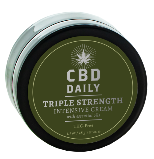 Grünes Etikett mit weißem Logo, Text zu CBD-Creme, Stärke, Ölen, THC-frei und Gewicht.